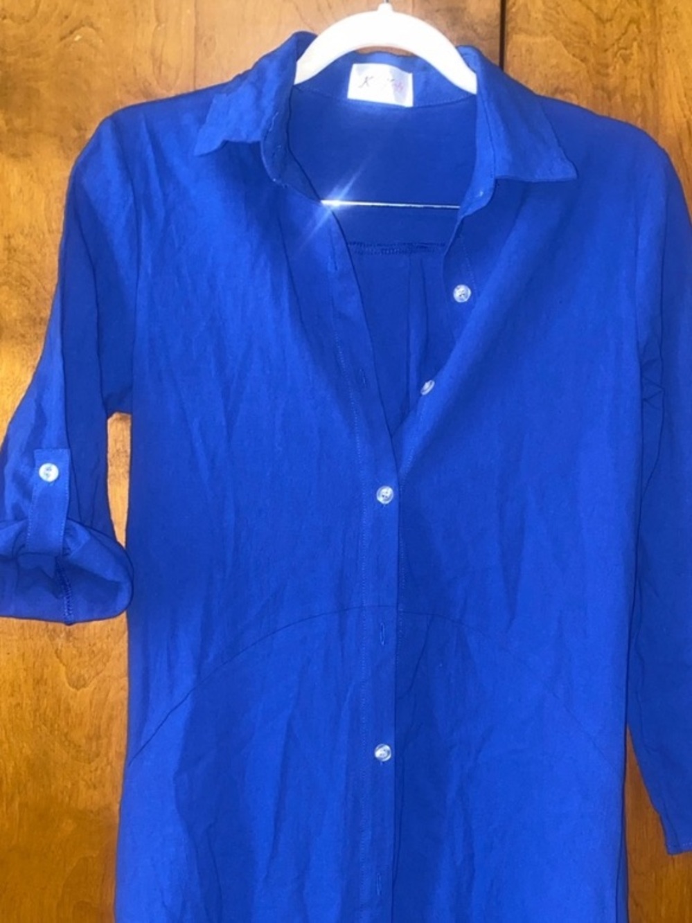 Blue Small Collared Button Down Shirt Dress Side Slits Roll Tab Long Sleeves - Picture 3 of 8